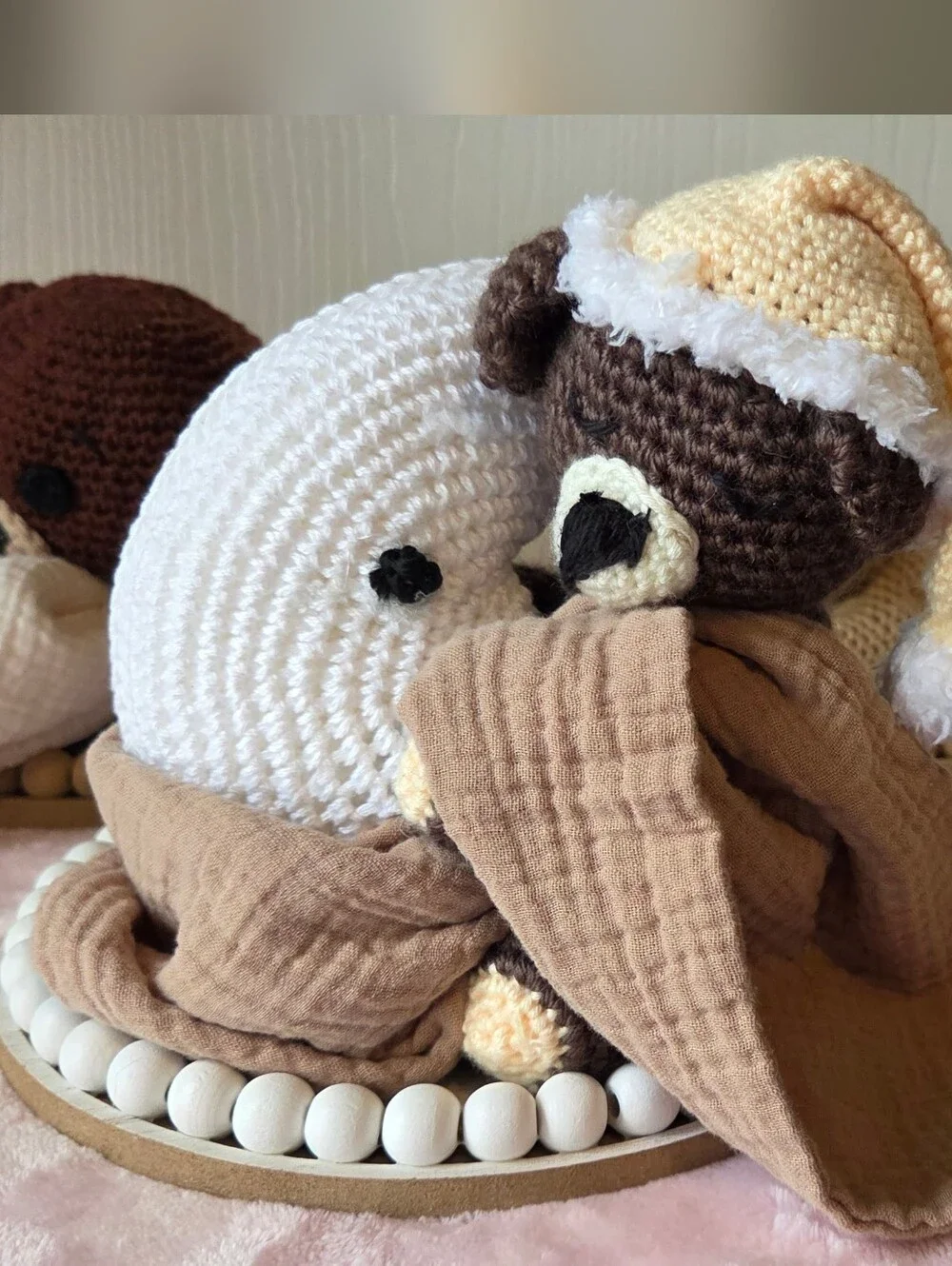 Handmade Baby Shower Centerpiece Crochet Sleeping Brown Bears with Blankets